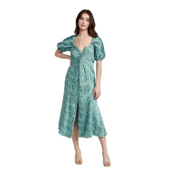 Cinq a Sept Marice Printed Satin Midi Dress Celeste Green Blue Womens 0 - Picture 4 of 12